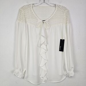 Relativity Blouse NEW Off White Chiffon Ruffle Tie Front Lace Sz M Fairycore